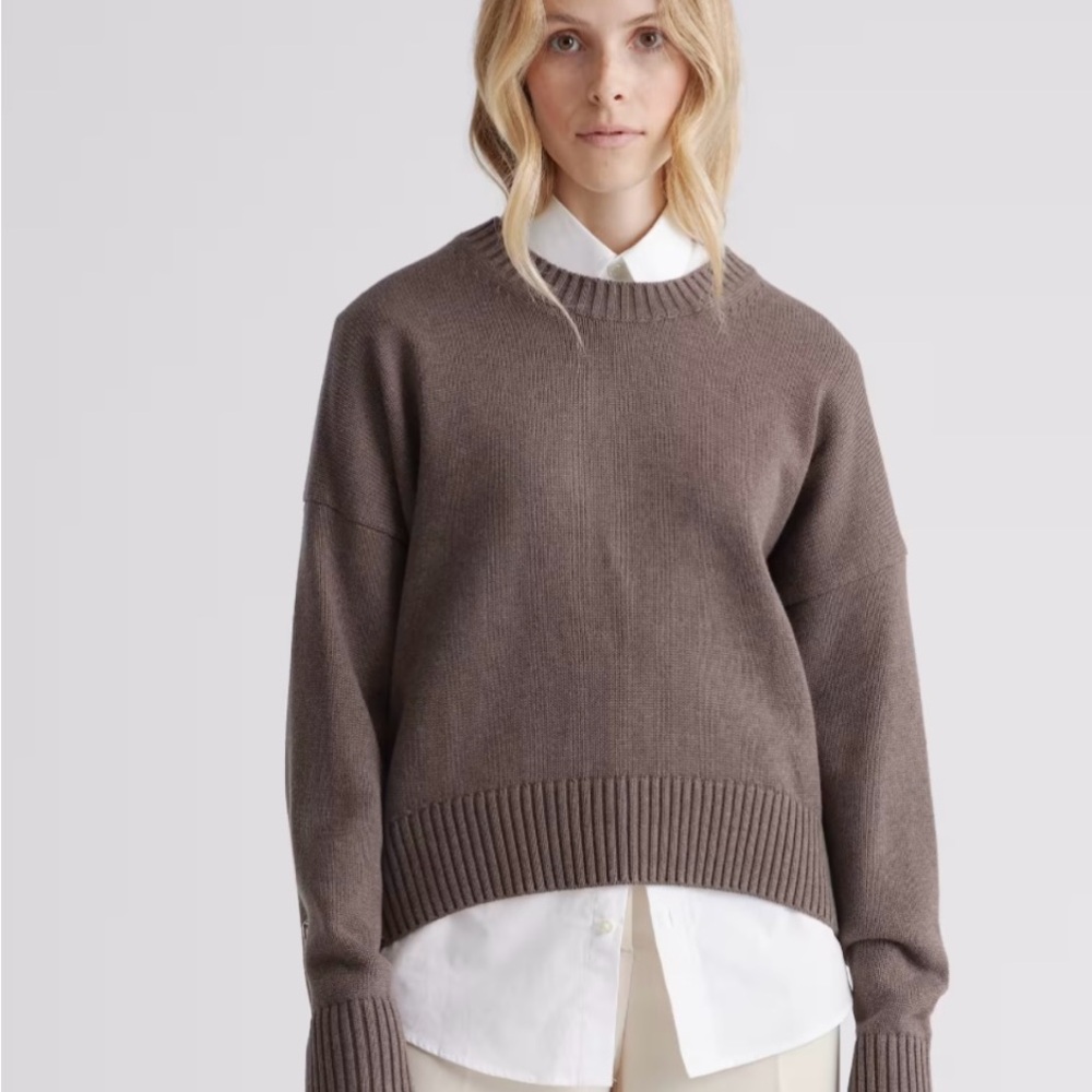 Quince Heather Brown Crew Neck Boyfriend Sweater, Size L, Organic Cotton